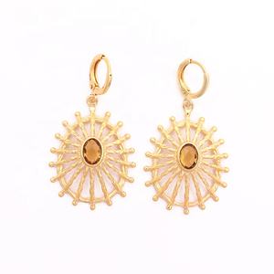 Designer Gold Plated Oval <b>Citrine</b> Gemstone Dangle Style Hoop <b>Earrings</b> Fashion Drop Jewelry with Lining <b>Earrings</b> - Product Image 1