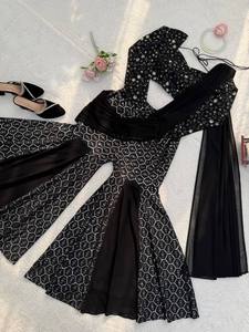 ชุดชาราร่าผ้าจอร์เจตต์สีดำปักลายพร้อมเสื้อชอลีปักลายประดับด้วยเลื่อม - Product Image 6