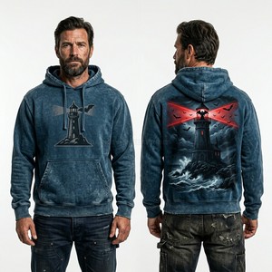 Sudadera con capucha azul para hombre, con lavado ácido, estampado gráfico de murciélago y faro personalizado, estilo streetwear, desgastada, vintage, con lavado mineral - Product Image 1