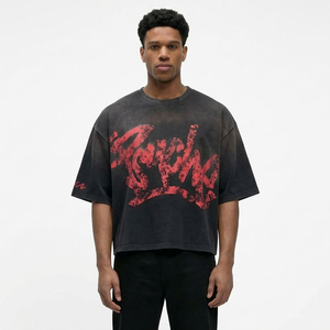 Oversized Short Sleeve T-Shirt <b>Men</b> Street Style Cotton O-Neck Jersey Fit With Red Print Pattern Left Sleeve Logo - Product Image 4