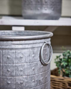 <b>Galvanized</b> Metal Garden Planters Outdoor Rustic Decorative Pots with White Patina Antique Finish Rounded Shape - Product Image 3