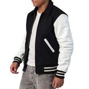 Veste universitaire zippée pour homme en mélange de laine avec manches en cuir, style vintage, veste bomber de baseball, patchwork, broderie, écologique - Product Image 5