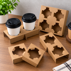 EcoRev ECO40 Porte-gobelets jetables en papier kraft biodégradable pour boissons chaudes, emballage à emporter, capacité pour deux gobelets, logo personnalisé - Product Image 1