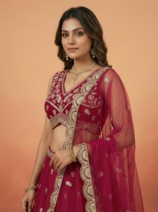 <b>Red</b> Embroidered <b>Lehenga</b> Choli Reversible Women Indian Pakistani Set Wedding Party Diwali Dress - Product Image 2