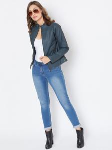 Chaqueta de cuero azul para mujer, estilo motero, cuello alto, corte ajustado, con cremallera, estilo casual urbano, moda de otoño, EE. UU. - Product Image 5