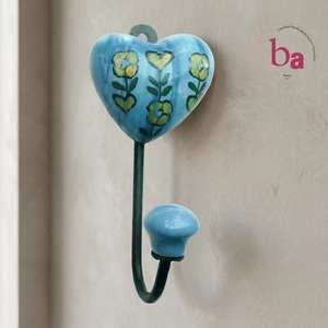 Ba Ceramic Heart Wall <b>Hook</b> Handmade Rustic Blue Floral Design Single <b>Hook</b> Coat Hanger Multifunction Self-adhesive - Product Image 1