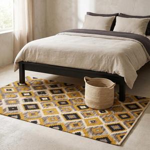 Handwoven Wool Geometric Diamond <b>Rug</b> - Mustard Black Ivory Tribal Kilim Style Area Floor Carpet Modern <b>Boho</b> Home Decor - Product Image 1
