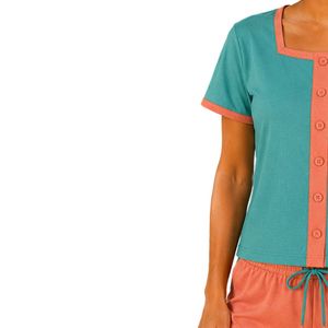 Turquoise And Coral Women Two Piece Shorts Set Square Neck Button <b>Top</b> Heart Print Casual Summer Cotton Lounge Wear Outfit Custom - Product Image 3