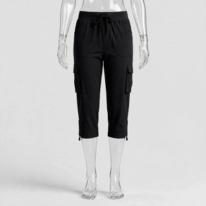 <b>Women's</b> <b>Black</b> Cargo Capri Pants Mid Waist Drawstring Loose Fit Multiple <b>Pockets</b> Casual Summer Style 100% Polyester - Product Image 2