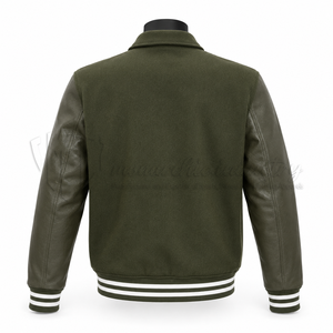 Chaqueta Varsity Verde Oliva para Hombre con Mangas de Cuero, Cuello Camisero, Ropa Casual de Otoño - Product Image 3