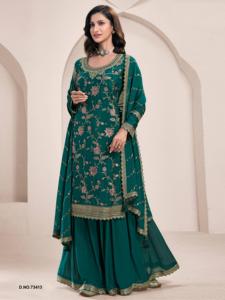 Ensemble Sharara moderne pour femme en chinon épais avec broderie (piètement cousu), longueur genou, séchage rapide, idéal pour mariage, bal et soirée - Product Image 5