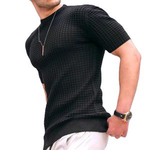 Men's Black Slim Fit Short Sleeve O-Neck Knitted Casual T-Shirt Solid Color <b>Waffle</b> Fabric Style - Product Image 2