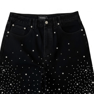 Shorts en jean décontractés pour hommes, 100 % coton, couleur unie, délavés, ornés de strass, logo personnalisé, coupe ample, taille élastique - Product Image 3