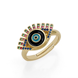 Bague ajustable en argent 925 plaqué or avec émail et zircone cubique multicolore motif œil porte-bonheur, bijoux fins Memoria Jewels - Product Image 1