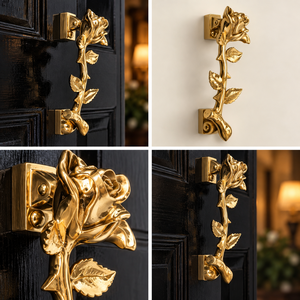 Poignée de porte dorée motif rose botanique avec détails sculptés de bourgeons et feuilles, quincaillerie ornementale dorée pour intérieur classique - Product Image 6
