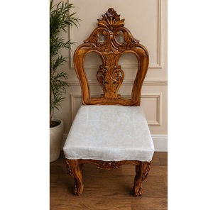 Silla de Comedor de Madera Maciza Hecha a Mano de Lujo con Tallado de Corona Real Ornamental y Asiento con Patrón de Mármol Blanco - Product Image 1