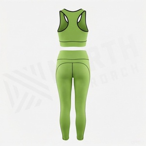 Women's Green 2 Piece Yoga Set Scoop Neck Crop Top High Waist <b>Leggings</b> Contrast Stitch <b>Activewear</b> - Product Image 2