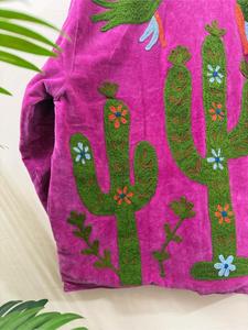 Luxury Fuchsia <b>Velvet</b> Embroidered Suzani <b>Jacket</b> With Cactus Bird Pattern Full Sleeve Stand Collar Bohemian <b>Women</b> Winter Coat - Product Image 3