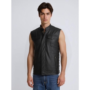 Custom <b>Men's</b> Genuine Leather Sleeveless Biker Vest Stand Collar Motorcycle Leather <b>Waistcoat</b> OEM ODM Wholesale Manufacturer - Product Image 2