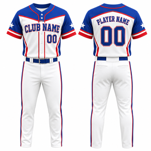 Conjunto de Uniforme de Béisbol Personalizado para Hombre, Jersey y Pantalones Sublimados en Blanco, Azul y Rojo, Absorbentes de Humedad, para Todas las Temporadas, con Impresión del Nombre del Equipo - Product Image 1