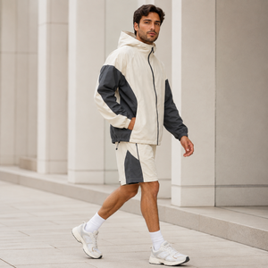 Conjunto de Chaqueta Cortavientos con Capucha y Pantalones Cortos para Hombre, Estilo Deportivo con Bloques de Color, Secado Rápido, Traje Deportivo de Poliéster para Primavera - Product Image 3