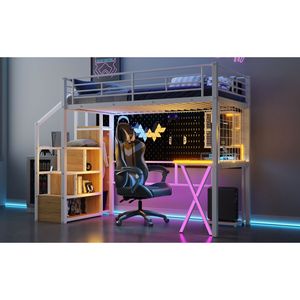 Twin Size Metal Loft <b>Bed</b> with <b>LED</b> White Work Station Built-In Wardrobe and Storage Staircase Kids' Furniture Set - Product Image 5