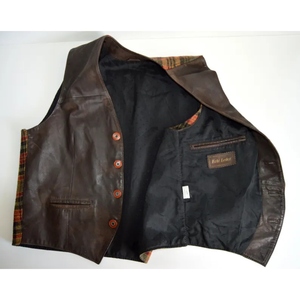 Vintage Leather Front <b>Tartan</b> Back Panel Motorcycle Biker Vest Custom Plaid <b>Waistcoat</b> Genuine Leather Fashion Streetwear Vest - Product Image 4