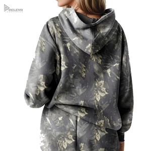 High Quality Vintage Floral Camo Print Tracksuit, Women Loose Fit Hooded Sweatshirt Wide Leg Drawstring Trouser Pant Set - Product Image 3