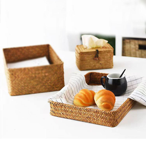 Grand panier de rangement rectangulaire en jonc de mer écologique tressé pour bureau, table basse, articles de toilette et produits de soin de la peau - Product Image 2