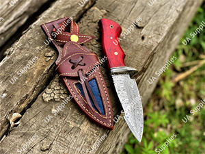 Couteau de camping plein pied en acier Damas de qualité industrielle, le plus vendu, avec manche en bois Pakka et étui en cuir, OEM - Product Image 2