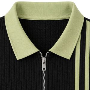 Polo de golf personalizado en negro y verde oliva, con media cremallera, manga corta, tejido texturizado, con logotipo personalizado y etiqueta privada para hombre. - Product Image 5