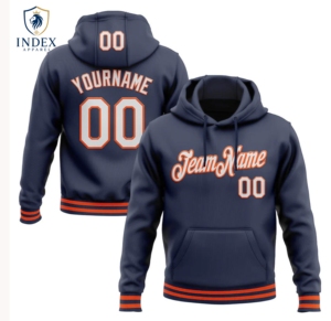 Sweat à capuche personnalisé pour homme Index Apparel, bleu marine avec bordure orange, nom et numéro personnalisés, impression par transfert thermique, vêtement décontracté pour l'automne - Product Image 1