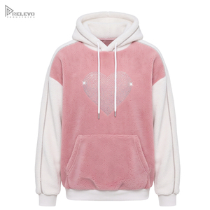 Custom Heavyweight 100% Cotton Fleece <b>Hoodie</b> Unisex <b>Pink</b> White Rhinestone Heart Pullover <b>Hoodie</b> with Kangaroo Pocket - Product Image 1
