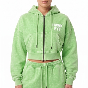 Custom Logo Women Acid Wash Full Zip Crop Top Hoodie Kangaroo Pocket Cotton Fleece And <b>Wide</b> <b>Leg</b> <b>Jogger</b> Set - Product Image 3