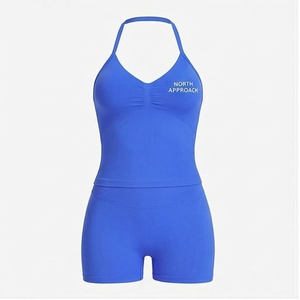Ensemble de yoga bleu North Approach, haut à col en V et short taille haute froncé, sans couture, séchage rapide, vêtements de sport - Product Image 1