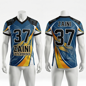 Camiseta de Fútbol Americano Unisex, 220 GSM, Malla de Poliéster, Diseño de Paneles Azul, Blanco y Dorado, Sublimación Personalizada, Bordado por Transferencia de Calor - Product Image 1