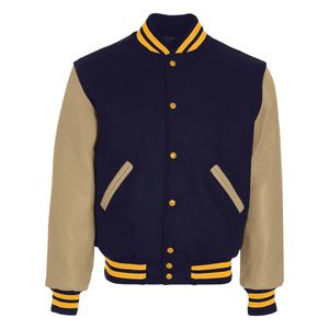 Men's High Quality Baseball Jacket with Leather Sleeves & Lettering <b>Covered</b> <b>Button</b> Closure - Product Image 1