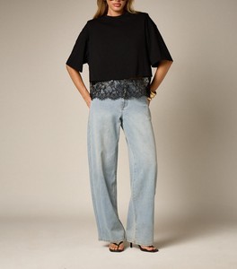 Chemisier court ample et oversize pour femme, avec empiècements en dentelle de luxe, épaules tombantes, 100% Coton, manches courtes, haut décontracté DTG - Product Image 5