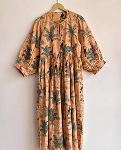 Handmade Tropical Print Maxi <b>Dress</b> With Puff Sleeves Tie Neck <b>Boho</b> Loose Fit <b>Summer</b> Casual <b>Dress</b> Viscose Woven Casual <b>Dresses</b> - Product Image 1