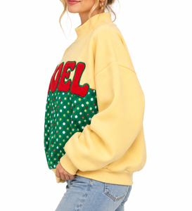 Custom <b>Women's</b> <b>Cream</b> Mock Neck Sweatshirt Christmas NOEL Letter Applique Embroidery Green Polka Dot Oversized Pullover - Product Image 2