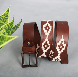 Luxury Handmade Brown Leather Argentine Polo <b>Belt</b> With Forest Green Navy White And <b>Red</b> Pampa Diamonds - Product Image 1