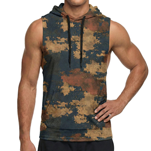 Wholesale Men's Custom Printed Camouflage Muscle Tank Top Sleeveless Hoodie Workout Activewear Front <b>Pouch</b> <b>Drawstring</b> Tank Tops - Product Image 3