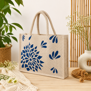 Sac fourre-tout en jute écologique avec imprimé floral, sac de courses réutilisable, design bicolore - Product Image 2
