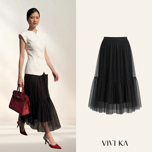 ODM OEM Women's Elegant <b>Black</b> Mesh <b>Tiered</b> Mid-Calf High Waist Flared Tulle <b>Skirt</b> Casual Office Style Custom Design ARIANA 100% - Product Image 1