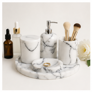 Classic Natural White Marble Bathroom Accessories Set with Tray Handcrafted Soap Dispenser <b>Toothbrush</b> <b>Holder</b> and Soap Dish - Product Image 4