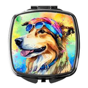 Collie Hippie Dawg, espejo de maquillaje de mano plegable compacto, espejo de bolsillo decorativo de viaje portátil para regalo de mujeres y niñas - Product Image 1