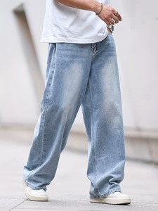 Men’s Retro <b>Light</b> Wash Baggy Jeans | Relaxed Fit Wide-Leg Denim <b>Trousers</b> | Casual Straight Leg Streetwear Hip-Hop Pants - Product Image 3