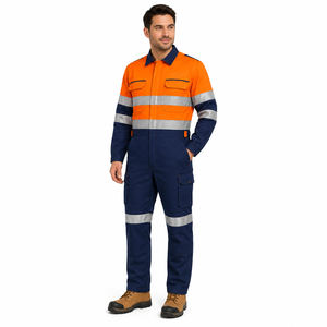Orange Navy Blue Silver Hi Visibility Spandex Heavy Duty Industrial <b>Work</b> Coverall <b>Waterproof</b> Cargo Pockets Reinforced Knees - Product Image 6