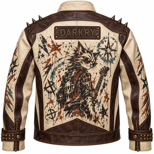 Chaqueta de Cuero Genuino Beige para Hombre, Estilo Motero con Tachuelas, Estampado Gráfico de Gato y Pecho Marrón, Abrigo con Tachuelas, Venta al por Mayor de Fábrica, Fabricante OEM ODM Personalizado - Product Image 2