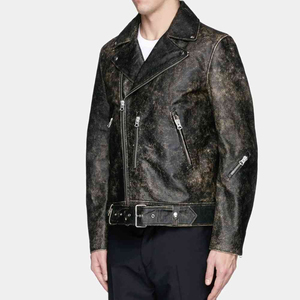 Blouson de motard en cuir véritable pour homme, noir délavé et vieilli, avec fermeture éclair et ceinture à la taille - Product Image 3